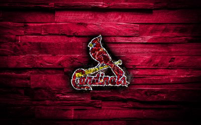 St Louis Cardinals, 4k, kavrulmuş logo, HABERLER, mor ahşap arka plan, Amerikan beyzbol takımı, grunge, beyzbol, St Louis Cardinals logo, yangın, doku, ABD