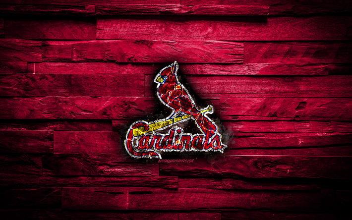 St Louis Cardinals, 4k, scorched logo, MLB, purple wooden background, american baseball team, grunge, baseball, St Louis Cardinals logo, fire texture, USA