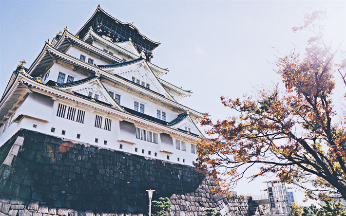 4k, Osaka Castle, autumn, japanese landmarks, Osakajo, Asia, Osaka, Japan