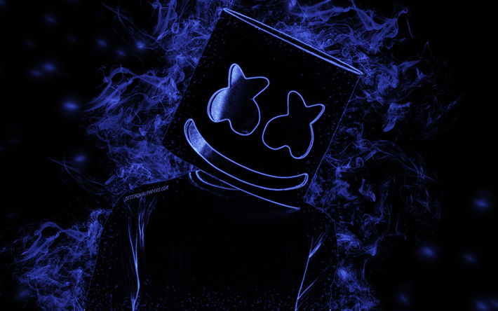 Marshmello, kreativ konst, American DJ, svart bakgrund, neon Marshmello hat, bl&#229; neon siluett, bl&#229; r&#246;k siluett, EDM, DJ Marshmello