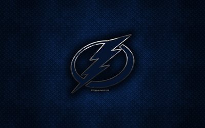 Tampa Bay Lightning, American hockey club, blue metal texture, metal logo, emblem, NHL, Tampa, Florida, USA, National Hockey League, creative art, hockey