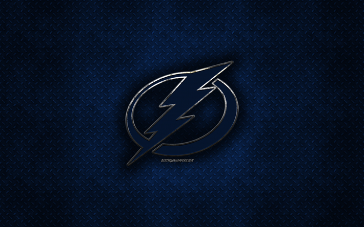 Tampa Bay Lightning, American hockey club, sininen metalli tekstuuri, metalli-logo, tunnus, NHL, Tampa, Florida, USA, National Hockey League, creative art, j&#228;&#228;kiekko