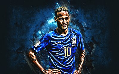 Neymar Jr, Brazil national football team, portrait, Brazilian football talent, 10 number, blue stone texture, creative art, Brazil, football