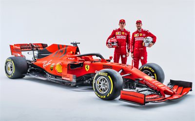 4k, Sebastian Vettel, Charles Leclerc, Ferrari SF90, Scuderia Ferrari, 2019 F1 cars, Formula 1, new SF90, F1, Vettel and Leclerc, Ferrari 2019, raceway, F1 cars, Ferrari