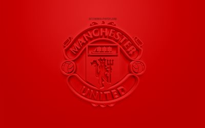 Manchester United FC, kreativa 3D-logotyp, r&#246;d bakgrund, 3d-emblem, Engelska football club, Premier League, Manchester, England, 3d-konst, fotboll, snygg 3d-logo, Manchester Utd