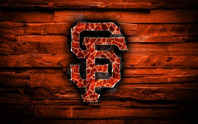 San Francisco Giants, 4k, bruciata logo MLB, arancione, di legno, sfondo, americano, baseball, grunge, emblema, texture del fuoco, USA