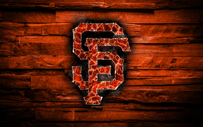 san francisco giants, 4k, verbrannten logo, mlb, orange-holz-hintergrund, amerikanische baseball-team, grunge, baseball, emblem, feuer-textur, usa