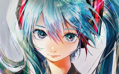 4k, mavi sa&#231;lı, Hatsune Miku, kız, Vocaloid Karakterleri, portre, manga, Vocaloid
