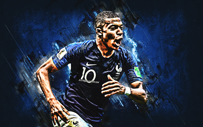 Kylian Mbappe, Fransız futbolcu, portre, Fransa Milli Futbol Takımı, 10 numara, forvet, yaratıcı sanat, mavi taş doku, Fransa, futbol