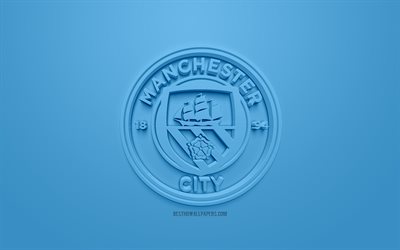 マンチェスター市にFC, 創作3Dロゴ, 青色の背景, 3dエンブレム, 英語サッカークラブ, プレミアリーグ, マンチェスター, イギリス, 3dアート, サッカー, お洒落な3dロゴ