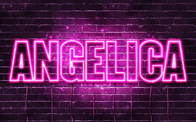 Angelica, 4k, taustakuvia nimet, naisten nimi&#228;, Angelica nimi, violetti neon valot, vaakasuuntainen teksti, kuva Angelica nimi