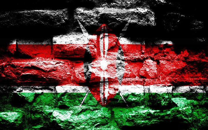 Kenya flag, grunge brick texture, Flag of Kenya, flag on brick wall, Kenya, flags of Africa countries