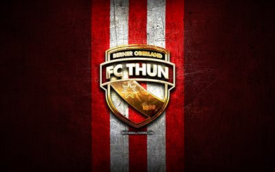 FC Thun, golden logo, Swiss Super League, red metal background, football, Thun FC, swiss football club, Thun logo, soccer, Switzerland