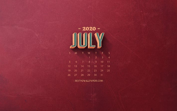 2020 July Calendar, red retro background, 2020 summer calendars, July 2020 Calendar, retro art, 2020 calendars, July
