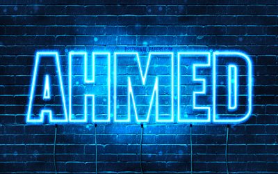 Ahmed, 4k, sfondi per il desktop con i nomi, il testo orizzontale, Ahmed nome, neon blu, immagine con nome Ahmed