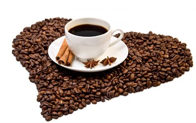 love for coffee, cup of coffee, White background, coffee beans in the shape of a heart