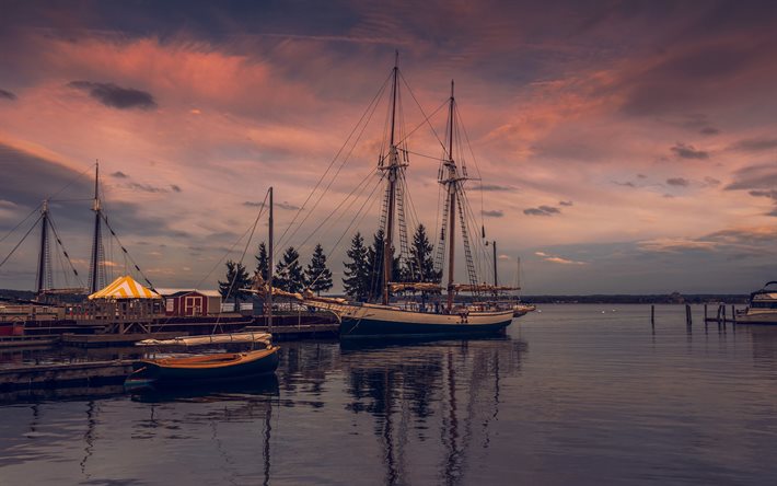 sailboat, bay, sunset, wooden sailboat, beautiful ships, dock