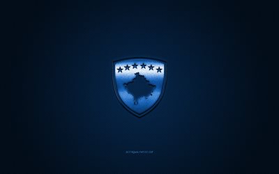 Kosovo national football team, emblem, UEFA, blue logo, blue fiber background, Kosovo football team logo, football, Kosovo