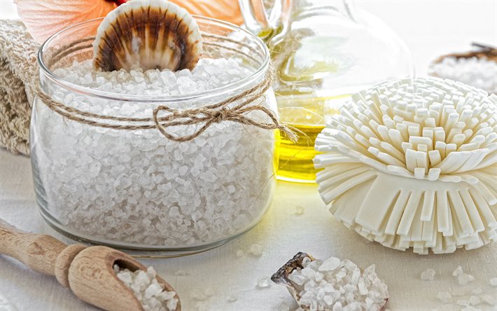 white spa salt, spa concepts, 4k, white round washcloth, wellness