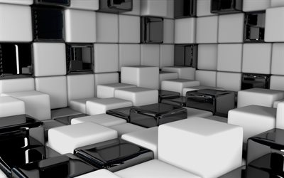 bianco e nero cubi 3D, creativo, sfondo 3D, cubi di sfondo, bianco cubi, cubi neri