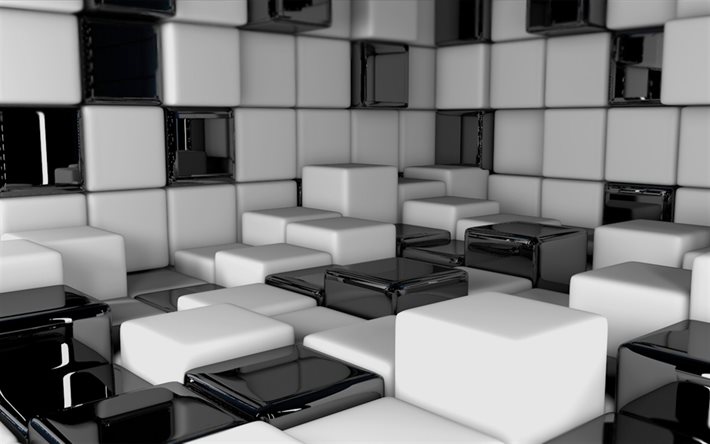 white and black 3D cubes, creative 3D background, cubes background, white cubes, black cubes