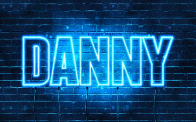 Danny, 4k, les papiers peints avec les noms, le texte horizontal, Danny nom, bleu n&#233;on, une photo avec le nom de Danny