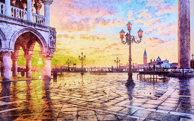 Piazza San Marco, 4k, Italy, Saint Marco Square, Venice at morning, sketch art, Venice, Europe, italian cities, Drawn Venice