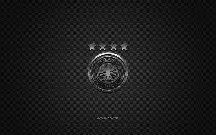 Germany national football team, emblem, UEFA, silver logo, gray fiber background, Germany football team logo, football, Germany