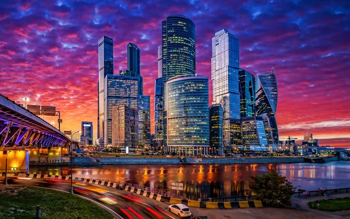 La Ciudad de mosc&#250; en la noche, puesta de sol, HDR, Rusia, edificios modernos, Mosc&#250; (federaci&#243;n de ciudades, paisajes urbanos, rascacielos, monumentos de Mosc&#250;