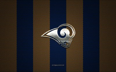 Los Angeles Rams logo, American football club, metal emblem, golden blue metal mesh background, Los Angeles Rams, NFL, Los Angeles, California, USA, american football