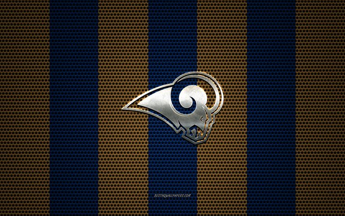 Los Angeles Rams logotipo, Americano futebol clube, emblema de metal, ouro azul met&#225;lica de malha de fundo, Los Angeles Rams, NFL, Los Angeles, Calif&#243;rnia, EUA, futebol americano