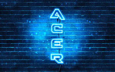4K, Acer青色のロゴ, テキストの垂直, 青brickwall, Acerネオンのロゴ, 創造, エイサーロゴ, 作品, Acer