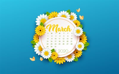 2020 مارس التقويم, خلفية زرقاء مع الزهور, الربيع خلفية زرقاء, 2020 الربيع التقويمات, آذار / مارس, زهور الربيع الخلفية, آذار / مارس عام 2020 التقويم