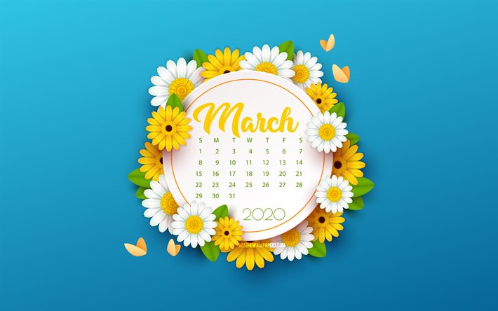 2020 Mars Calendrier, fond bleu avec des fleurs, printemps, fond bleu, 2020 printemps des calendriers, des Mars, des fleurs de printemps fond, en Mars 2020 Calendrier