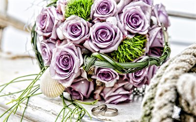 bouquet da sposa, 4k, viola rose, anelli di nozze, bouquet di rose viola, nozze, bouquet, rose