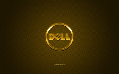 Dell round logo, gold carbon background, Dell gold metal logo, Dell blue emblem, Dell, gold carbon texture, Dell logo