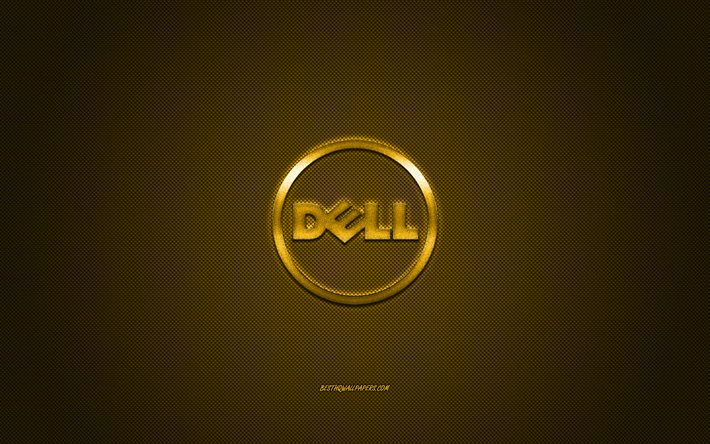 Dell round logo, gold carbon background, Dell gold metal logo, Dell blue emblem, Dell, gold carbon texture, Dell logo