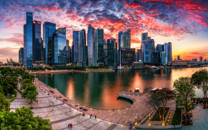 Singapore, 4k, sunset, skyskrapor, Marina Bay, kv&#228;ll, HDR, stadsbilder, Asien, moderna byggnader
