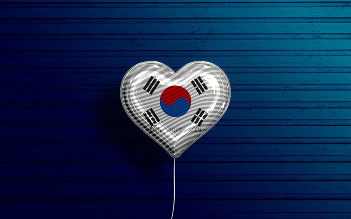 I Love South Korea, 4k, realistic balloons, blue wooden background, Asian countries, favorite countries, flag of South Korea, balloon with flag, South Korean flag, South Korea, Love South Korea