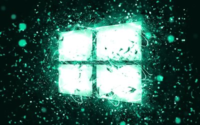 Windows 10 turquoise logo, 4k, turquoise neon lights, creative, turquoise abstract background, Windows 10 logo, OS, Windows 10