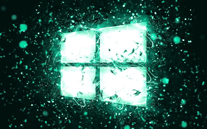 windows 10 t&#252;rkis logo, 4k, t&#252;rkis, neon-lichter, kreativ, t&#252;rkis abstrakt, hintergrund, windows 10-logo, betriebssystem, windows 10