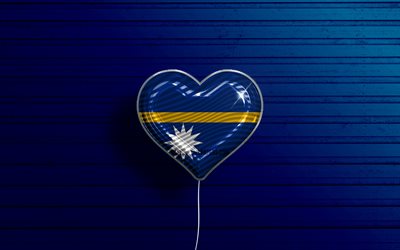 J&#39;aime Nauru, 4k, ballons r&#233;alistes, fond en bois bleu, pays oc&#233;aniens, coeur de drapeau de Nauru, pays pr&#233;f&#233;r&#233;s, drapeau de Nauru, ballon avec drapeau, Oc&#233;anie, amour de Nauru