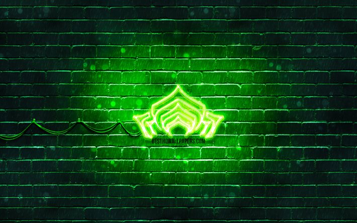 Warframe green logo, 4k, green brickwall, artwork, Warframe logo, RPG, Warframe neon logo, Warframe