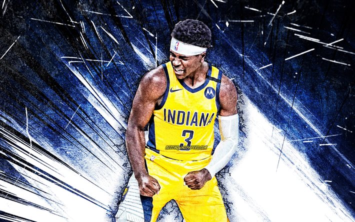 4k, Aaron Holiday, grunge art, Indiana Pacers, NBA, basketball, Aaron Shawn Holiday, USA, Aaron Holiday Indiana Pacers, blue abstract rays, Aaron Holiday 4K