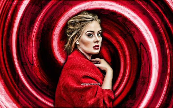 4k, Adele, kırmızı grunge arka plan, İngiliz şarkıcı, m&#252;zik yıldızları, girdap, Adele Laurie Blue Adkins, yaratıcı, Adele 4K