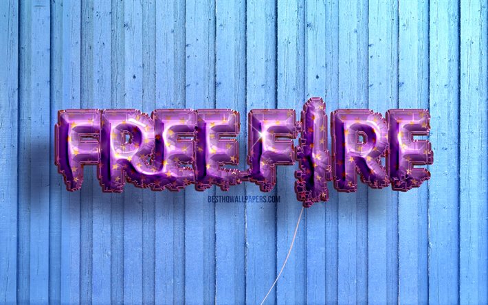 4k, Garena Free Fire logo, GFF, violet realistic balloons, Garena Free Fire 3D logo, blue wooden backgrounds, GFF logo, Garena Free Fire