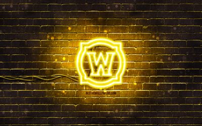 Logo jaune de World of Warcraft, 4k, WoW, brickwall jaune, logo de World of Warcraft, cr&#233;atif, logo n&#233;on de World of Warcraft, logo WoW, World of Warcraft