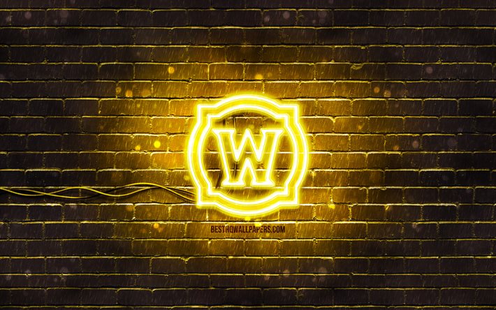 gelbes world of warcraft-logo, 4k, wow, gelbe mauer, world of warcraft-logo, kreativ, world of warcraft-neonlogo, wow-logo, world of warcraft