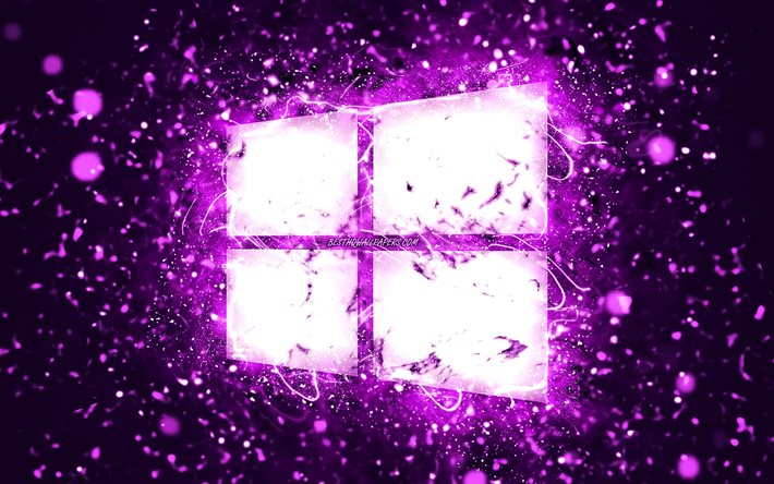 windows 10 violettes logo, 4k, violette neonlichter, kreativer, violetter abstrakter hintergrund, windows 10-logo, betriebssystem, windows 10