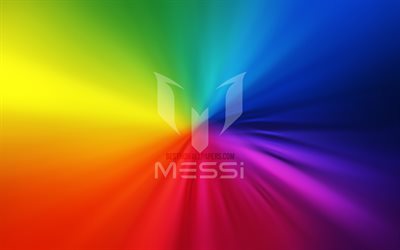 Lionel Messi logosu, 4k, girdap, g&#246;kkuşağı arka planları, yaratıcı, Leo Messi, sanat eseri, araba markaları, Lionel Messi